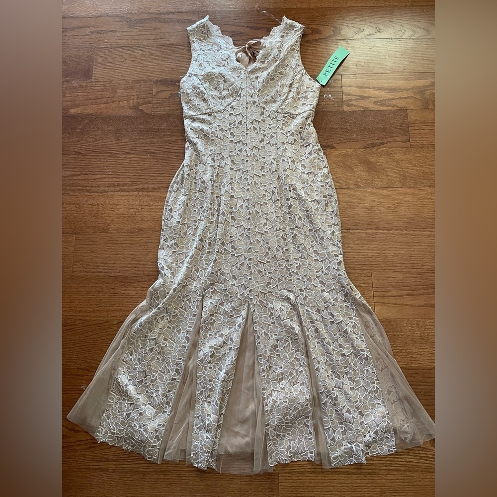 NWT Candalite Petite Gold Cream Lace Babydoll Mermaid Mesh Maxi‎ Dress XL Prom